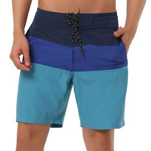 Summer Color Block Shorts Drawstring Stripe Swim Beach Board Shorts Blue Black
